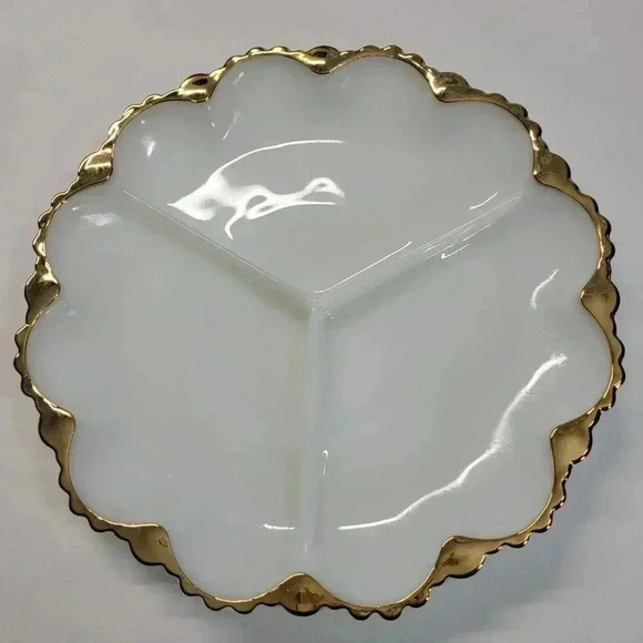 Vintage Anchor Hocking Milk Glass Gold Trim Pressed Glass Divided Serving Plate - Picture 1 of 9
